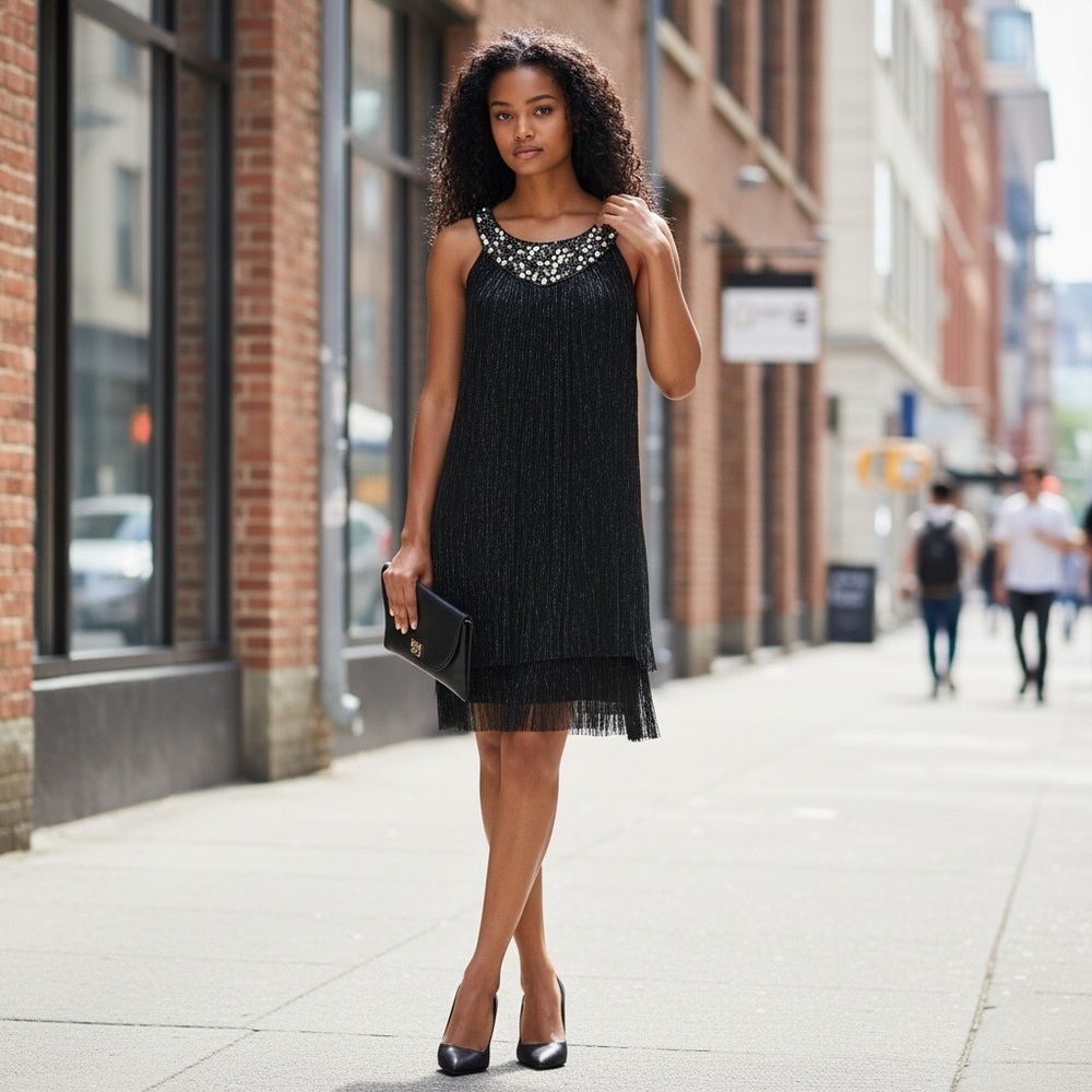 Elegant Black Beaded Mini Dress☑️